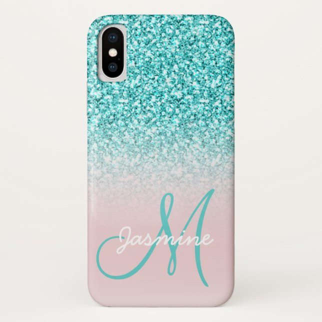 Monogramm-Girly aquamarines Glitzer-Namensrosa Case-Mate iPhone Hülle (Rückseite)