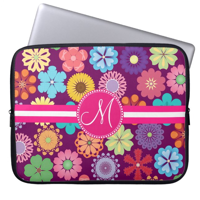 Monogramm-Girly Blumen-Power-bunter Blumenrüttler Laptopschutzhülle (Vorderseite)