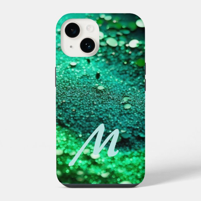 Monogramm Glitter Grün iPhone 14 Hülle (Rückseite)