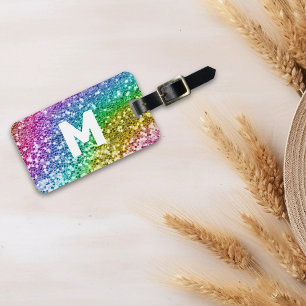 Monogramm Glitter Look Personalisierter Regenbogen Gepäckanhänger