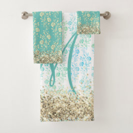 Monogramm-Glitterie-Blume auf Aquamarinen Badhandtuch Set