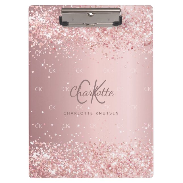 Monogramm-Glitzer-Rosa-Schrift Klemmbrett (Vorderseite)