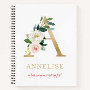 Monogramm Gold Buchstabe A Florales Motto oder Z Notizbuch