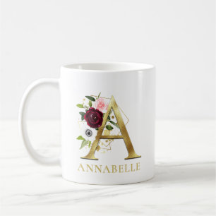 Monogramm Gold Buchstabe A   Florales Rosa Burgund Kaffeetasse