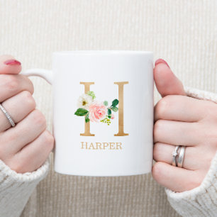 Monogramm Gold Buchstabe H   Floral Rosa Weiß Grün Kaffeetasse