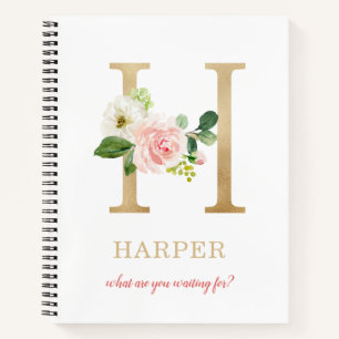 Monogramm Gold Buchstabe H Florales Motto oder Z Notizbuch