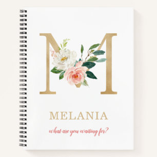 Monogramm Gold Buchstabe M Florales Motto oder Z Notizbuch