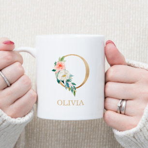 Monogramm Gold Buchstabe O   Floral Pink Weiß Grün Kaffeetasse