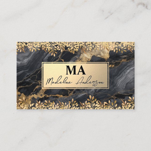 Monogramm | Gold Foil Blätter | Schwarzer Marmor Visitenkarte (Vorderseite)