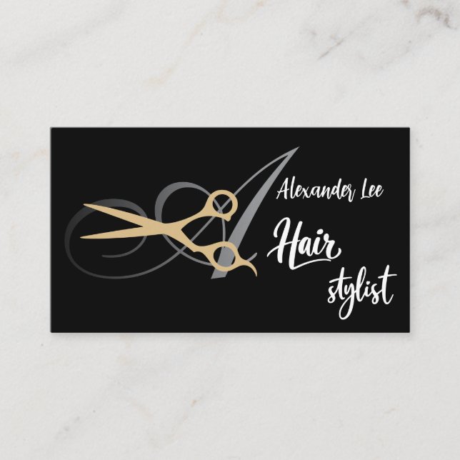 Monogramm Gold Schere Friseur Visitenkarte (Vorderseite)