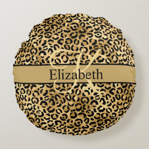 Monogramm Gold Schwarzer Leopardenprint Trend Rundes Kissen