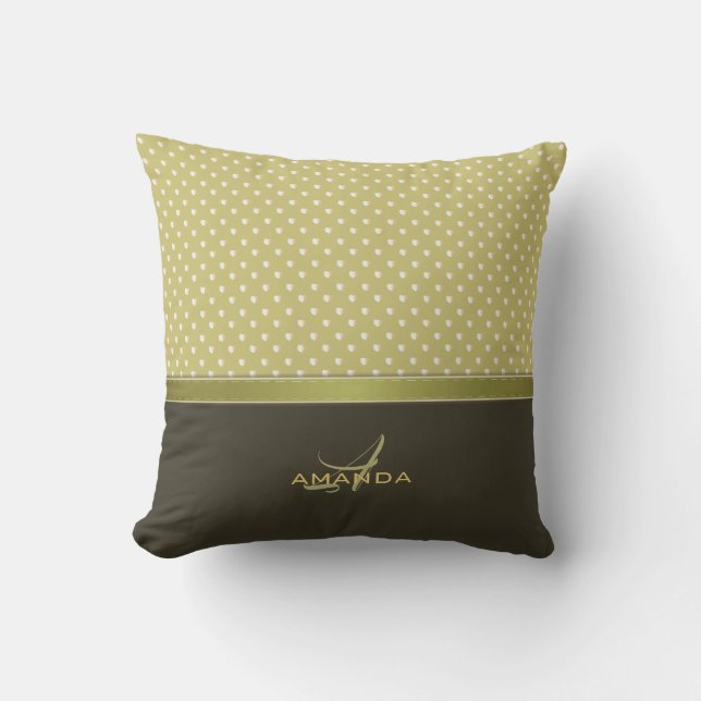 Monogramm Gold und Ecru Olive Green Kissen (Vorderseite)