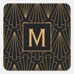 Monogramm Gold- und Schwarz Art Deco Muster Quadratischer Aufkleber