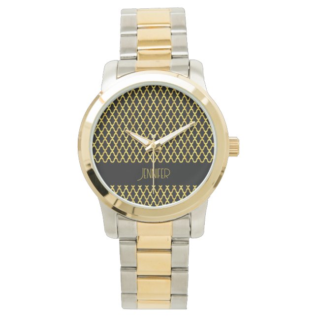 Monogramm, Gold und schwarzes Vierblatt Armbanduhr (Vorderseite)