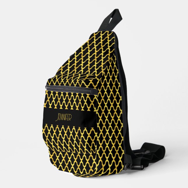 Monogramm, Gold und schwarzes Vierblatt Crossbody Bag (Rechte Ecke)