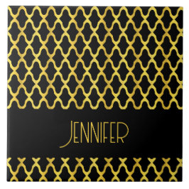 Monogramm, Gold und schwarzes Vierblatt Fliese