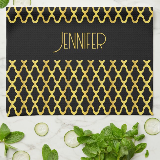 Monogramm, Gold und schwarzes Vierblatt Geschirrtuch (Gefaltet)