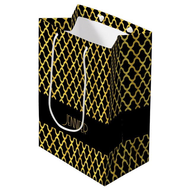 Monogramm, Gold und schwarzes Vierblatt Mittlere Geschenktüte (Vorderseite Schrägansicht)
