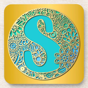 Monogramm Gold und Türkis S und bunte Blumen Getränkeuntersetzer
