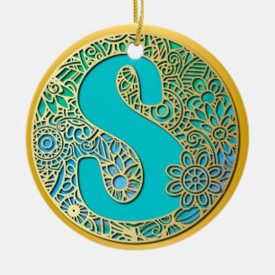 Monogramm Gold und Türkis S und bunte Blumen Keramik Ornament