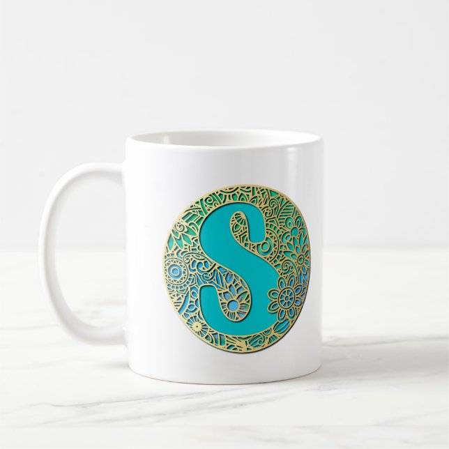 Monogramm Gold und Türkis S und farbenfrohe Blume Kaffeetasse (Links)