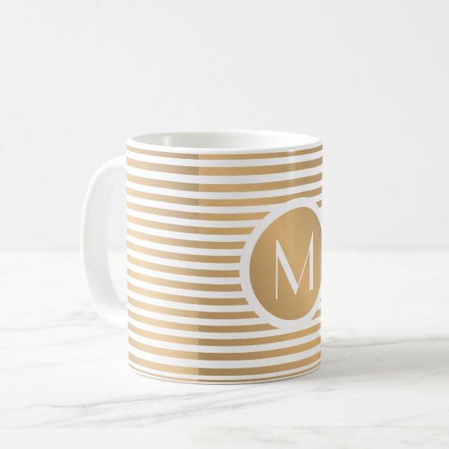 Monogramm Gold und Weiße Streifen Kaffeetasse (Vorderseite Links)