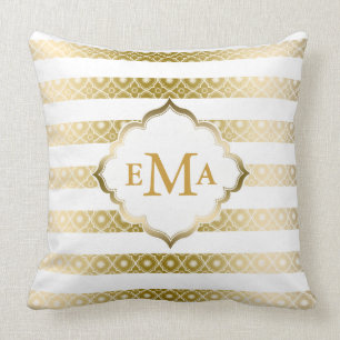 Monogramm Gold und Weiße Streifen und Quatrefolie Kissen