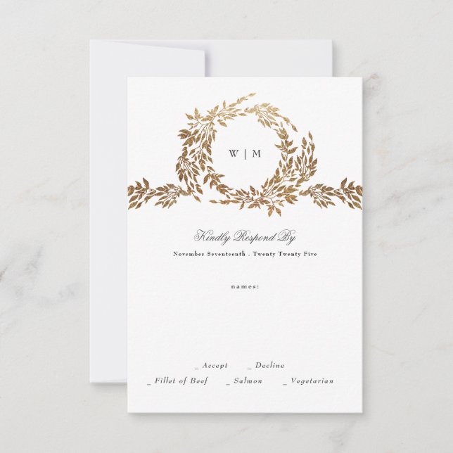Monogramm | Gold Wreath Classic Elegant Wedding RSVP Karte (Vorderseite)