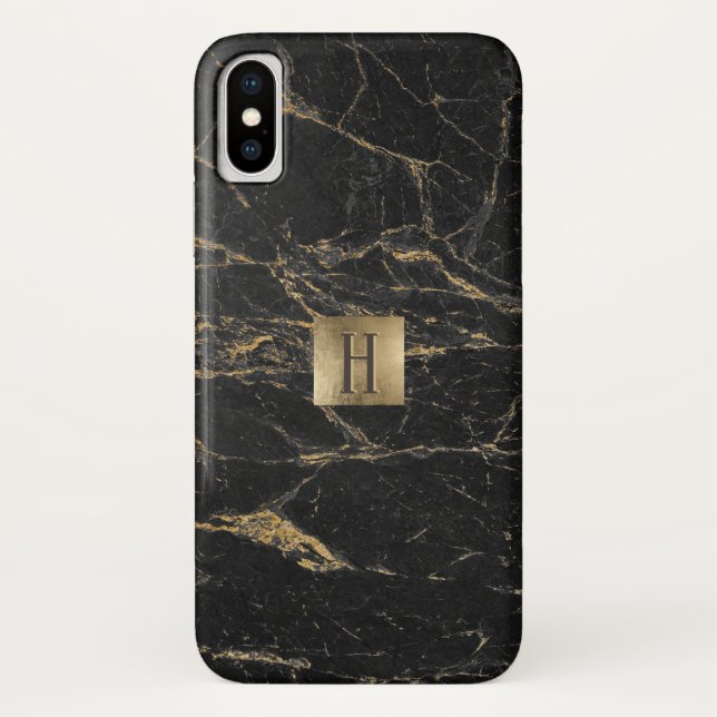 Monogramm-Goldaufkleber-elegantes Schwarzes u. Case-Mate iPhone Hülle (Rückseite)