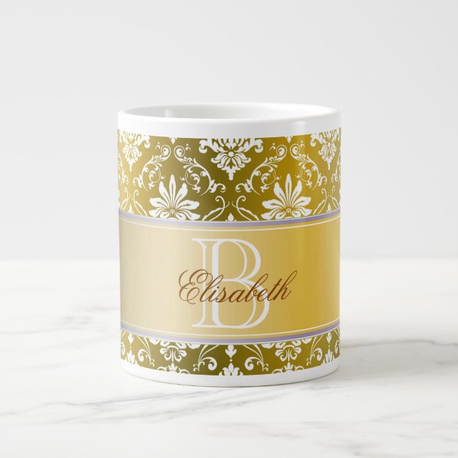 Monogramm Golden Yellow und White Damask Jumbo-Tasse (Vorderseite)
