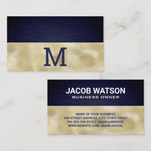 Monogramm   Goldene Folie   Blaue Metallstruktur Visitenkarte