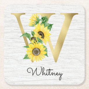 Monogramm Goldene Sonnenblume Mädchenhaft Florales Rechteckiger Pappuntersetzer