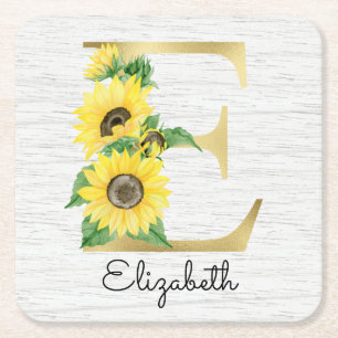 Monogramm Goldene Sonnenblume Weibliches Florales Rechteckiger Pappuntersetzer