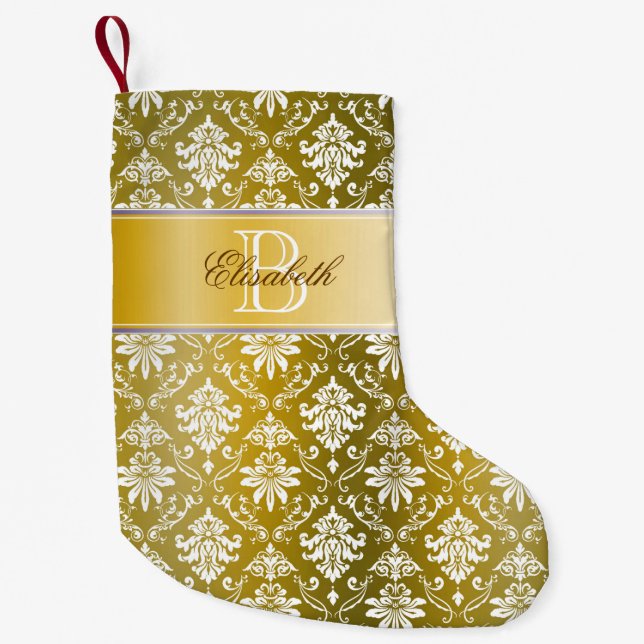 Monogramm-goldener/gelber Damast Kleiner Weihnachtsstrumpf (Vorderseite)