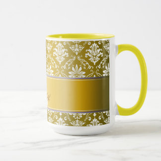 Monogramm-goldener gelber und weißer Damast Tasse