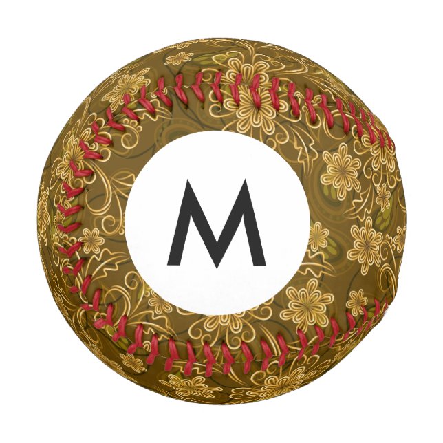 Monogramm Goldenes Vintages Blumenmuster Baseball (Vorderseite Links)