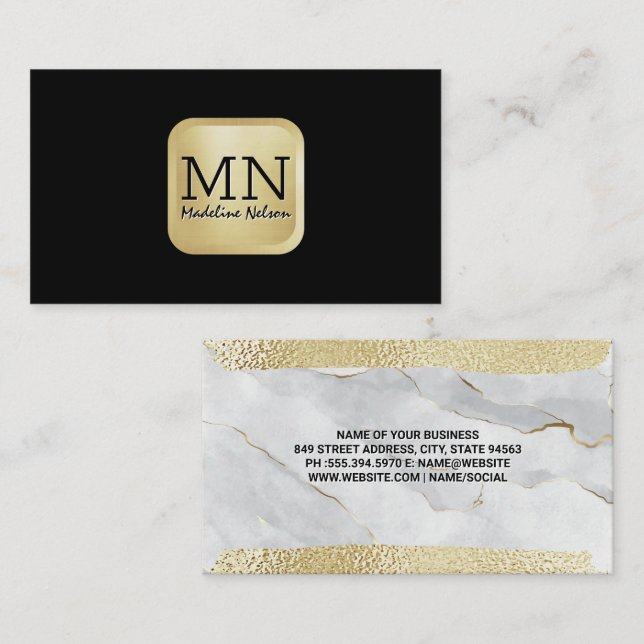 Monogramm | Goldfolie gebürstet | Marmor Visitenkarte (Vorne/Hinten)