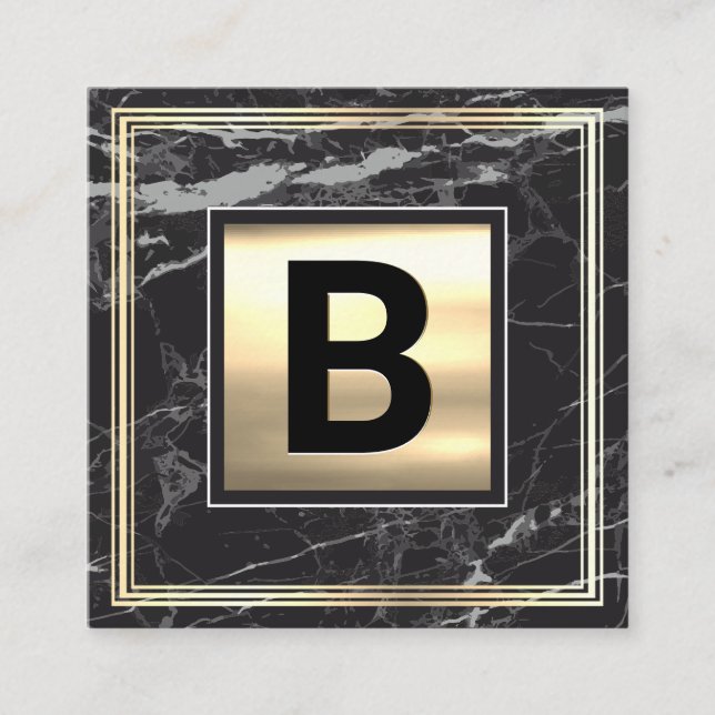 Monogramm | Goldmetall | Schwarzer Goldrahmen-Marm Quadratische Visitenkarte (Vorderseite)