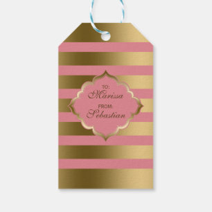 Monogramm Goldstreifen & rosa geometrisches Muster Geschenkanhänger
