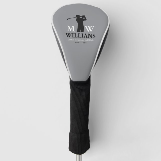 Monogramm (Golfer Name & Initialen) cool grau Golf Headcover (Vorderseite)