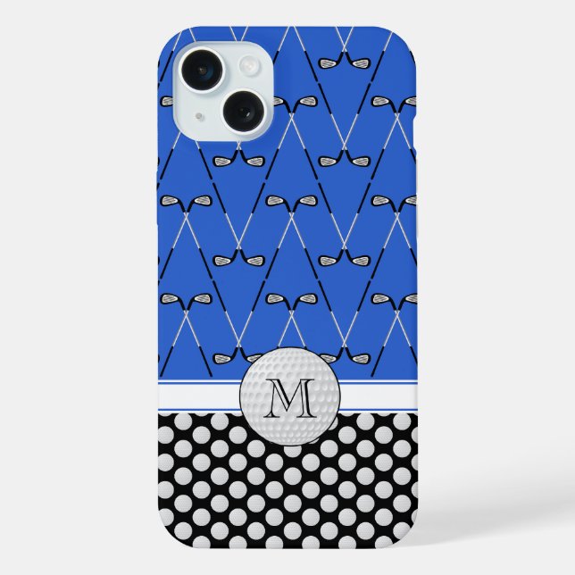 Monogramm-Golfmuster blau schwarz iPhone 15 Plus Hülle (Rückseite)