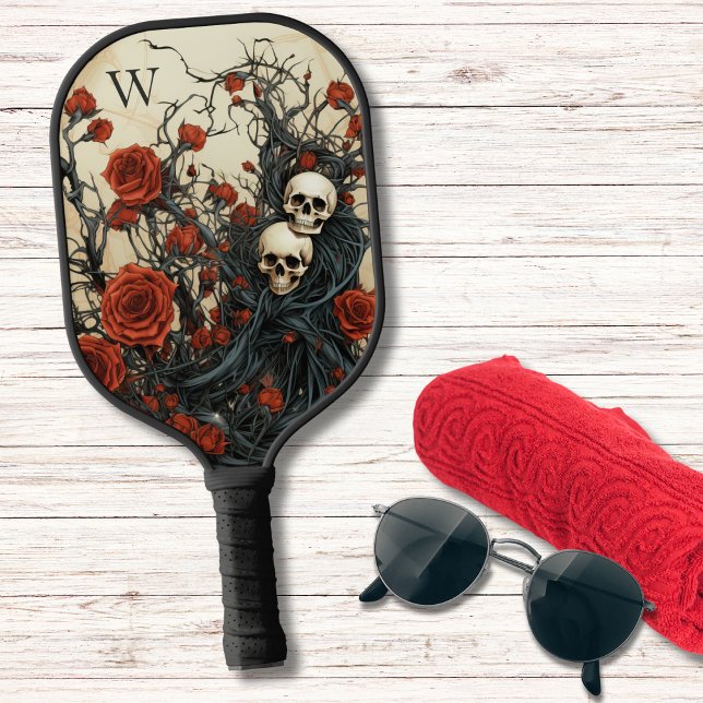 Monogramm gotische Rote Rosen und Skulls Pickleball Schläger (Von Creator hochgeladen)