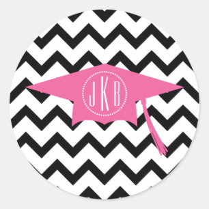 Monogramm Graduierungstafel Rosa + Schwarz Zickzac Runder Aufkleber
