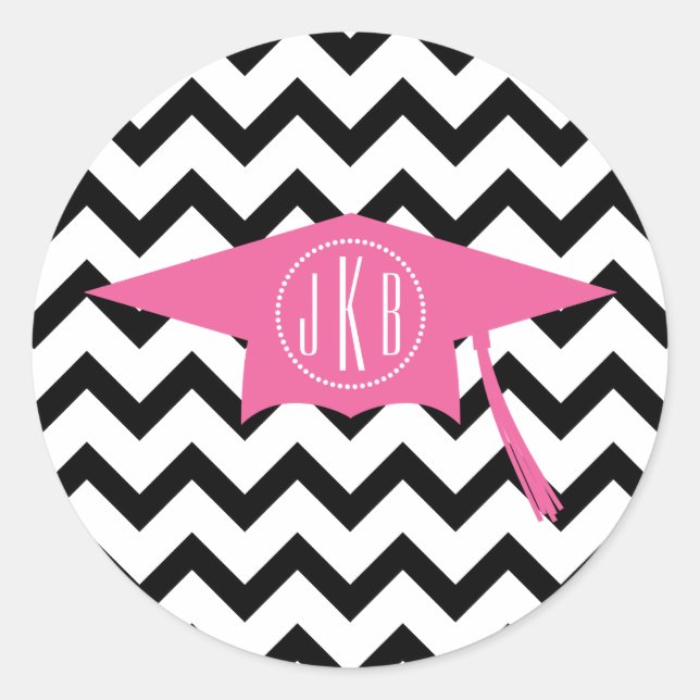 Monogramm Graduierungstafel Rosa + Schwarz Zickzac Runder Aufkleber (Vorderseite)