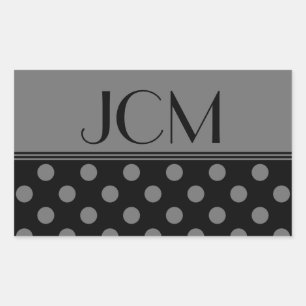 Monogramm Grau/Schwarze Polka-Punkte Rechteckiger Aufkleber