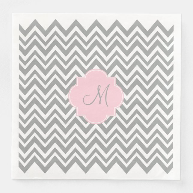 Monogramm grau und weiß Zickzack mit Pastellrosa Serviette (Vorderseite)