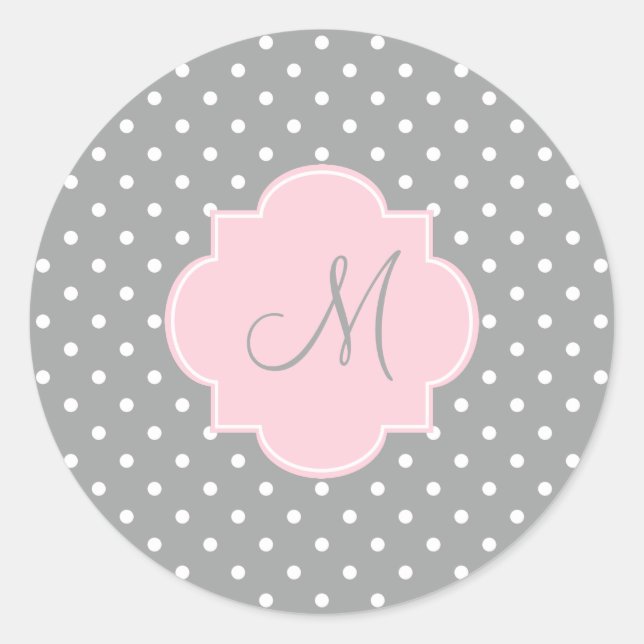 Monogramm, grau, weiß und pastellrosa Polka-Dot Runder Aufkleber (Vorderseite)