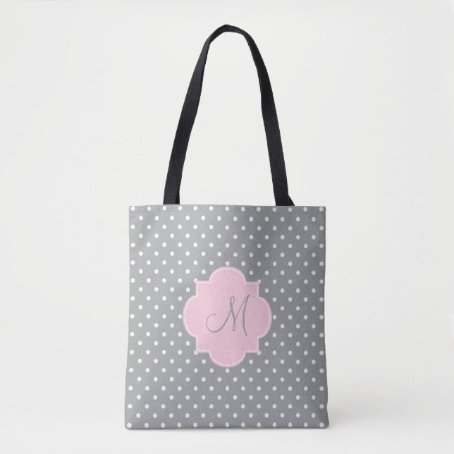 Monogramm, grau, weiß und pastellrosa Polka-Dot Tasche (Vorderseite)