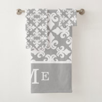 Monogramm Grau-weiße Fleur-de-lis | Bearbeitbar