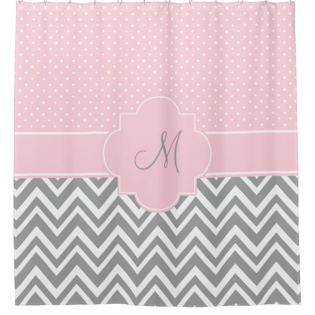 Monogramm Grau Zickzack mit Pastellrosa Polka Dot Duschvorhang (Vorderseite)